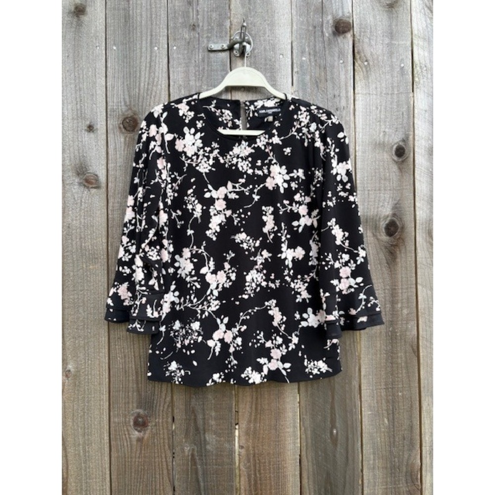 Karl Lagerfeld Paris‎ Black Pink Floral Ruffle Sleeve Blouse Top PM